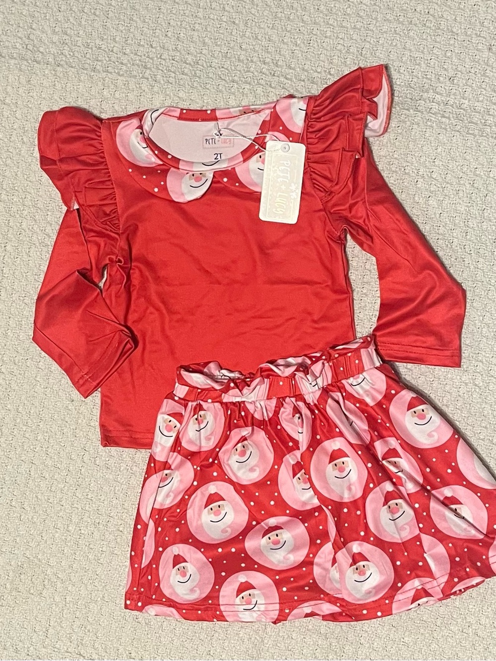 NWT Pete + Lucy Girls 2T Santa Christmas Skort & Ruffle Top 2 Piece Outfit